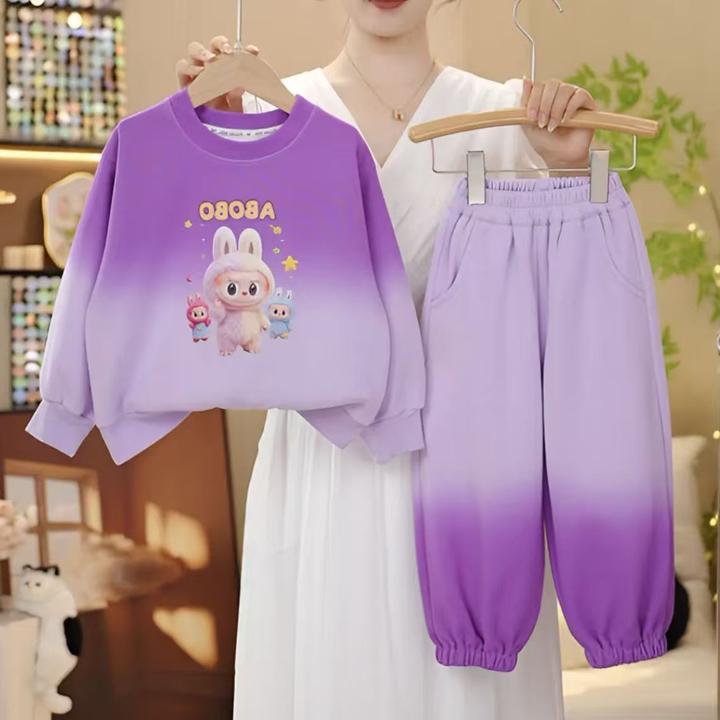 2025新款女童春秋渐变套装儿童卡通时尚卫衣两件套拉布布ins春秋