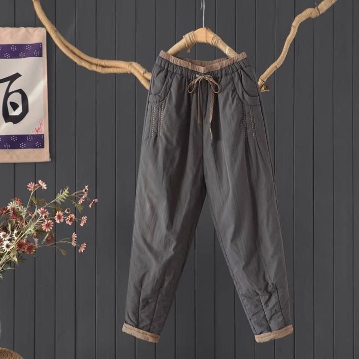 通勤简约撞色系带夹棉加厚哈伦裤小脚裤女文艺宽松显瘦长裤棉裤冬