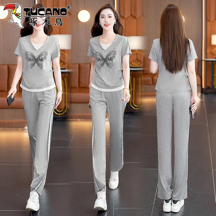 啄木鸟时尚假两件短袖运动套装女夏季2025新款宽松长裤冰丝休闲服