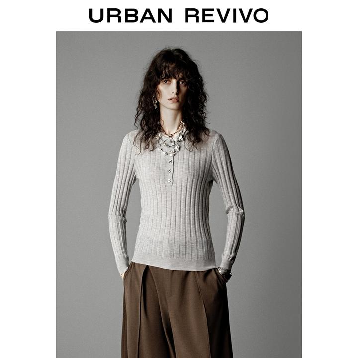 UR2025秋季新款女装气质条纹肌理纽扣半开襟针织衫ULG950003