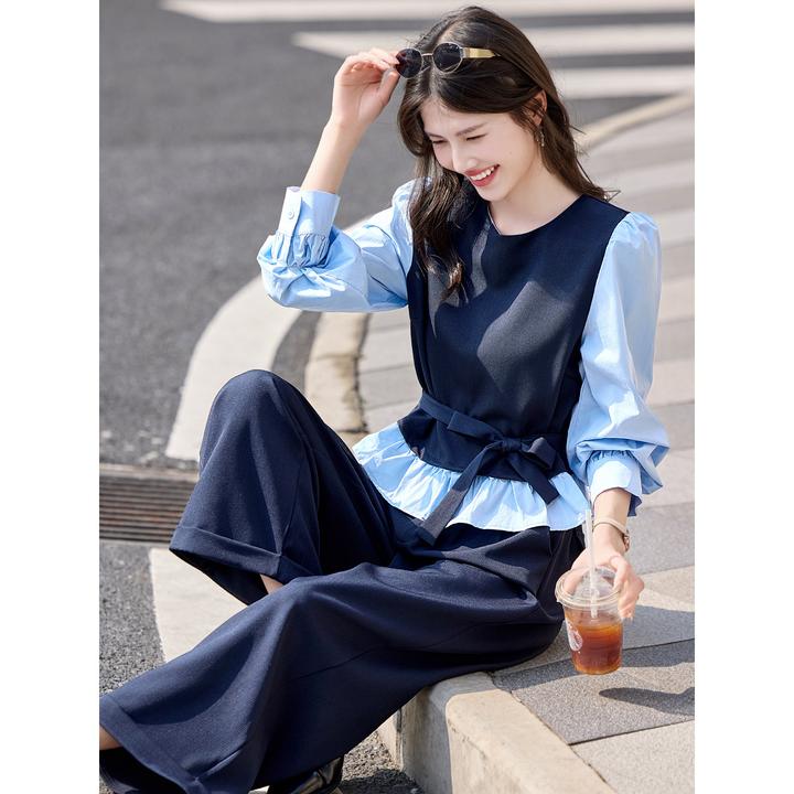 尚静两件套2025秋季新款假两件撞色拼接系带衬衫+中腰直筒休闲裤