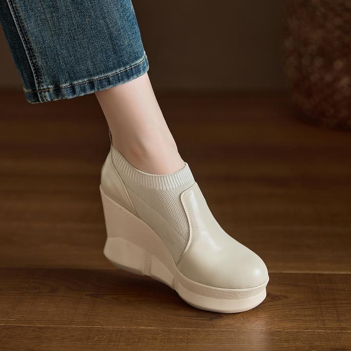 小个子增高10cm坡跟高跟鞋女防水台深口单鞋女真皮圆头厚底及踝靴