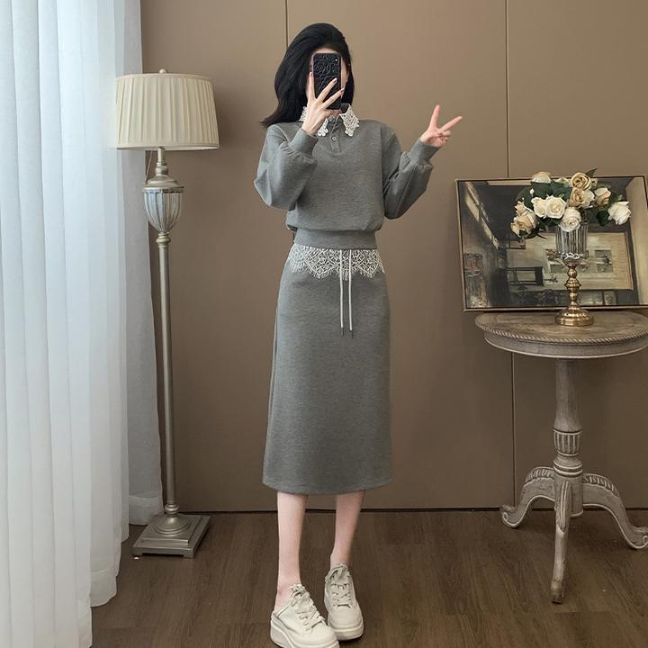 韩系运动套装女设计感蕾丝拼接气质Polo领休闲卫衣半身裙两件套潮