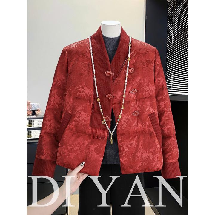 新中式妈妈冬装斜襟国风印花羽绒服喜婆婆中老年女装冬季棉袄外套