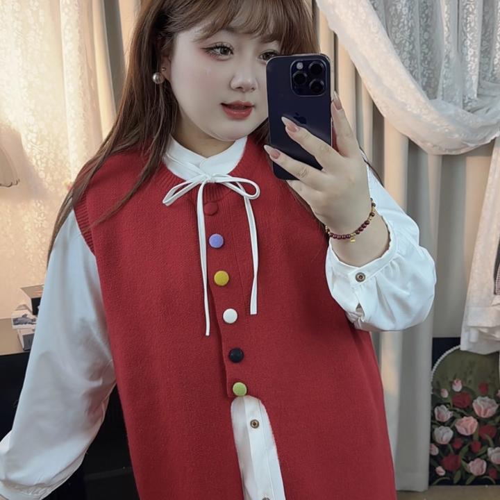 大码女装慵懒风彩扣背心毛衣长裙胖mm日系温柔奶乖宽松流苏连衣裙