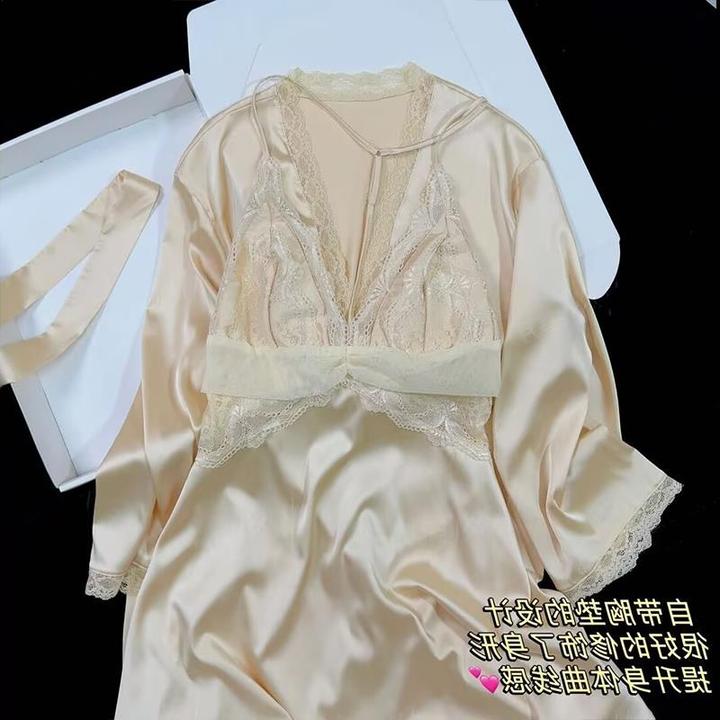 纯欲蕾丝睡衣女性感冰丝吊带睡裙带胸垫外袍套装夏季新款家居服