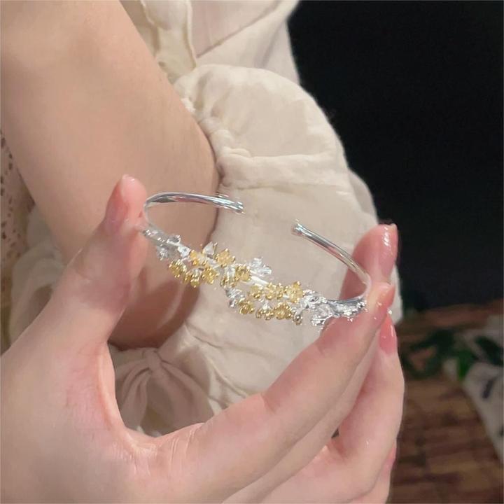 铜合金手镯 银色银色桂花月桂手镯开口可调节不掉色小众女款送礼