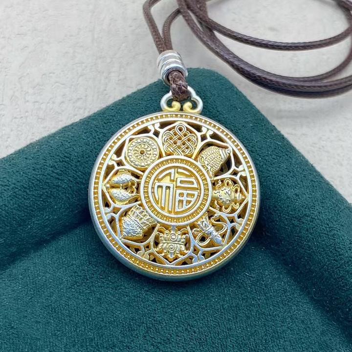 吊坠足银 国风足银吊坠足银999.9纯手工国潮描金八宝罗盘纯银挂坠