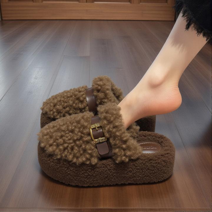 羊羔绒毛毛拖鞋女外穿2025新款厚底皮带扣加绒保暖软底包头棉拖鞋