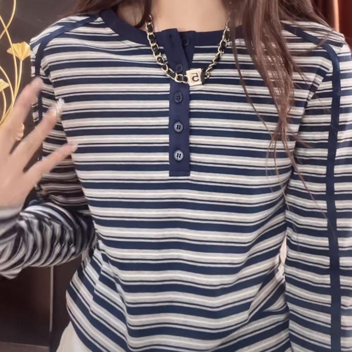 新款条纹时尚洋气百搭通勤T恤女2025秋季修身显瘦设计感休闲上衣