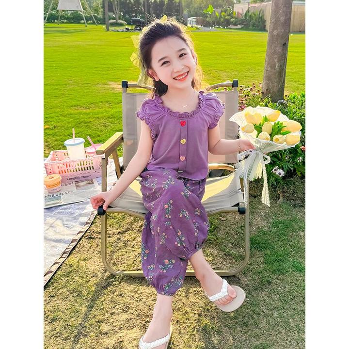 套装洋气时髦夏装女宝灯笼袖碎花九分裤两件套小女孩童装衣服