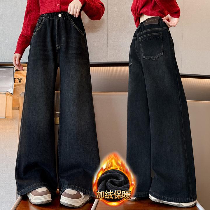 女童加绒牛仔裤儿童冬季宽松时尚阔腿裤女中大童洋气直筒保暖裤子