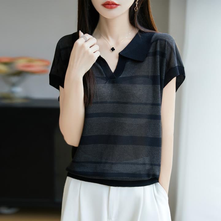 2025夏新款翻领天丝亚麻短袖女薄款舒适透气百搭V领条纹撞色T恤