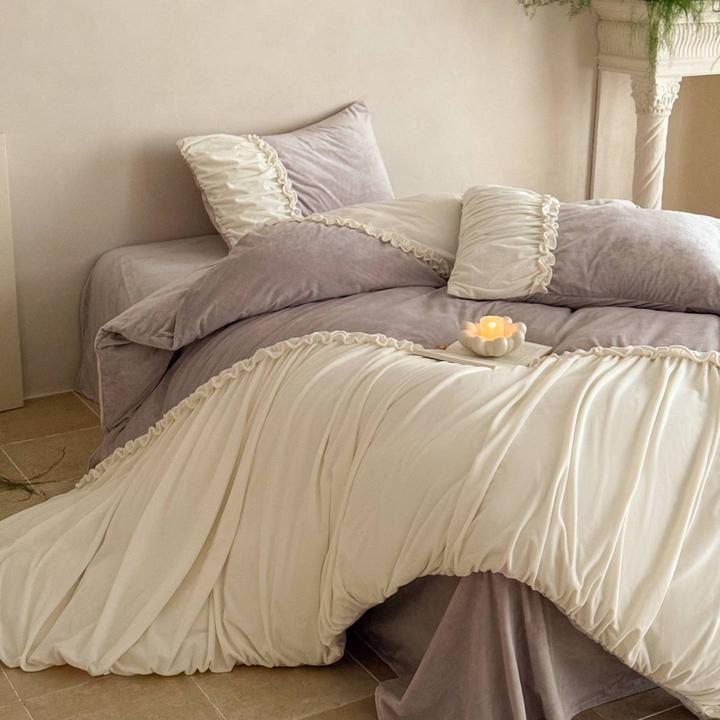冬季法式公主风德芙绒牛奶绒床上四件套2025新款珊瑚绒被套床笠款