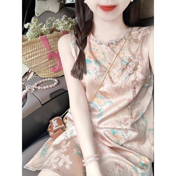 大码胖新中式国风无袖背心连衣裙女夏季新款宽松显瘦气质短裙子