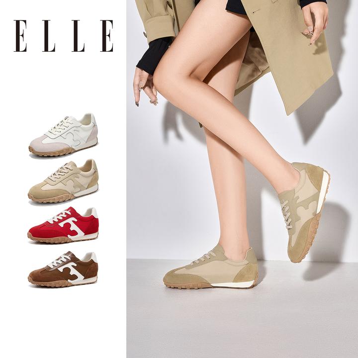 ELLE真皮系带德训鞋女2025新款复古休闲运动鞋配裙子软底阿甘鞋子