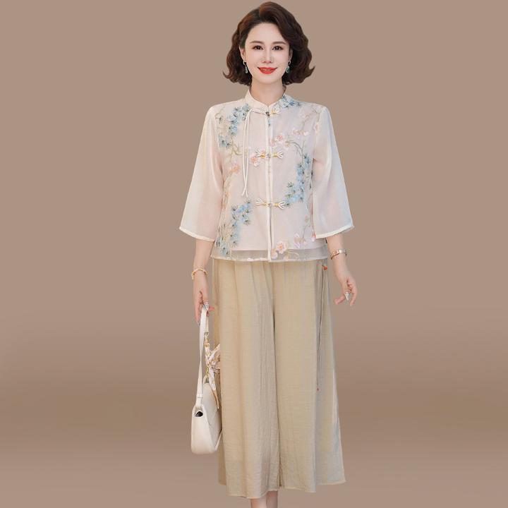妈妈夏装套装新中式国风雪纺衫2025新款中老年春夏季七分袖上衣女