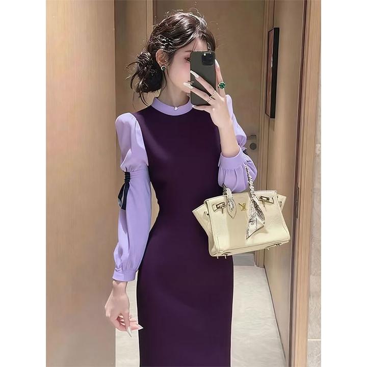 法式紫色拼接长袖连衣裙女装2025秋季温柔高级感千金风气质长裙子