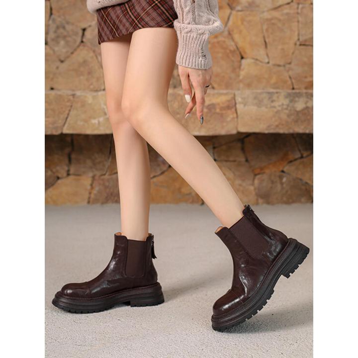 美拉德棕色女靴！软羊皮厚底短靴女秋冬新款加绒切尔西靴显瘦单靴