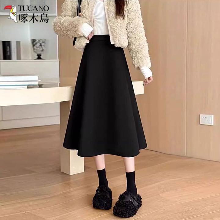 TUCANO/啄木鳥时尚赫本风毛呢半身裙女秋冬遮胯a字裙中长款伞裙子