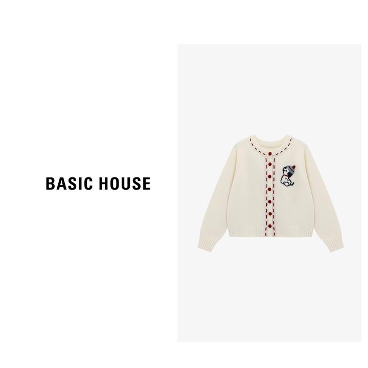 Basic House/百家好提花卡通小狗圆领单排黑扣毛衣-B0625B5QLJ2