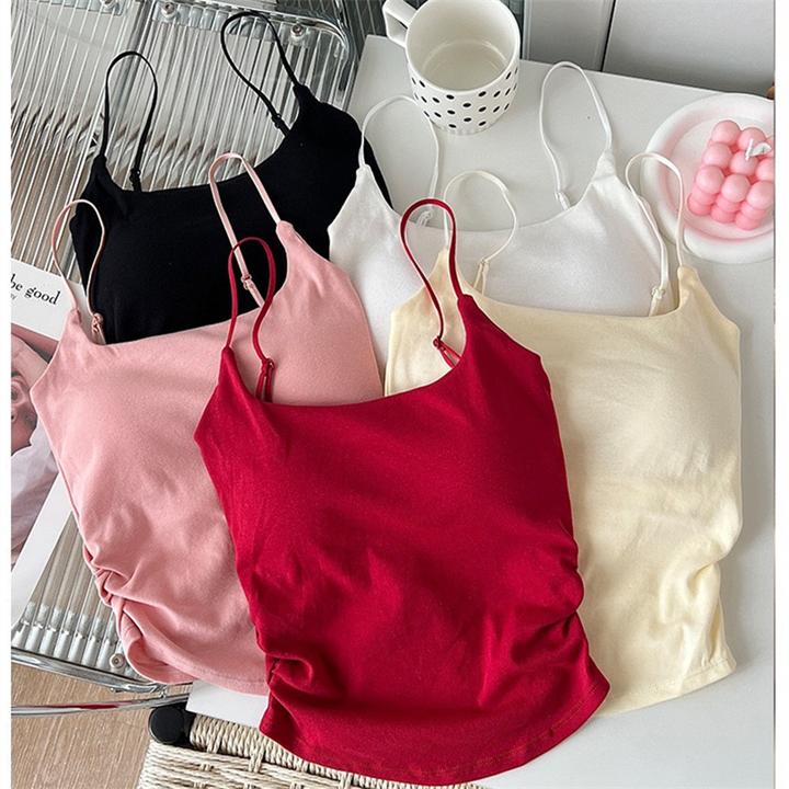 小清新纯欲风设计感褶皱吊带背心女带胸垫内搭外穿修身美背上衣夏