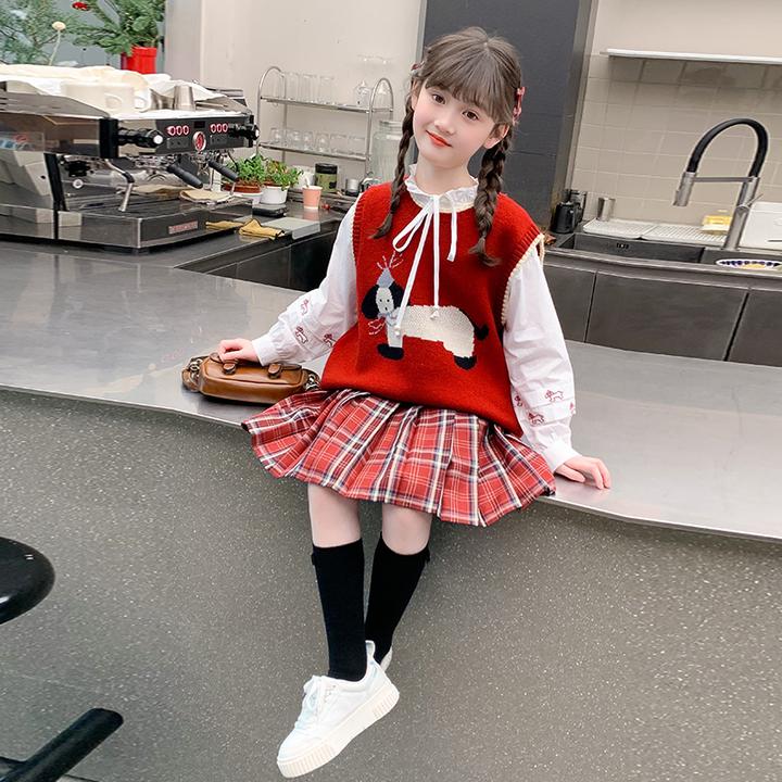 女童套装春秋款2025新款洋气大童春季儿童花边衬衣马甲百褶裙春装