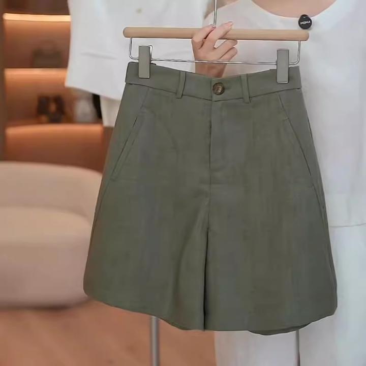 橄榄绿天丝亚麻A字短裤女2025年夏季薄款新款松紧高腰阔腿五分裤