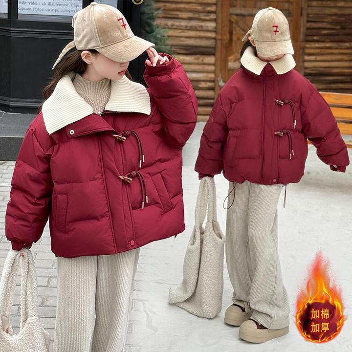 巴拉童年女童毛线翻领年服棉衣2025新款儿童冬季棉服时尚宽松保暖