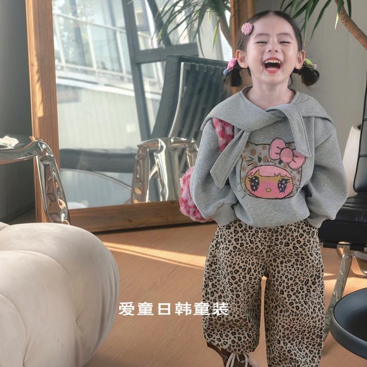 童装女童2025秋冬加绒卫衣套装加绒裤子韩系穿搭休闲套装豹纹裤子