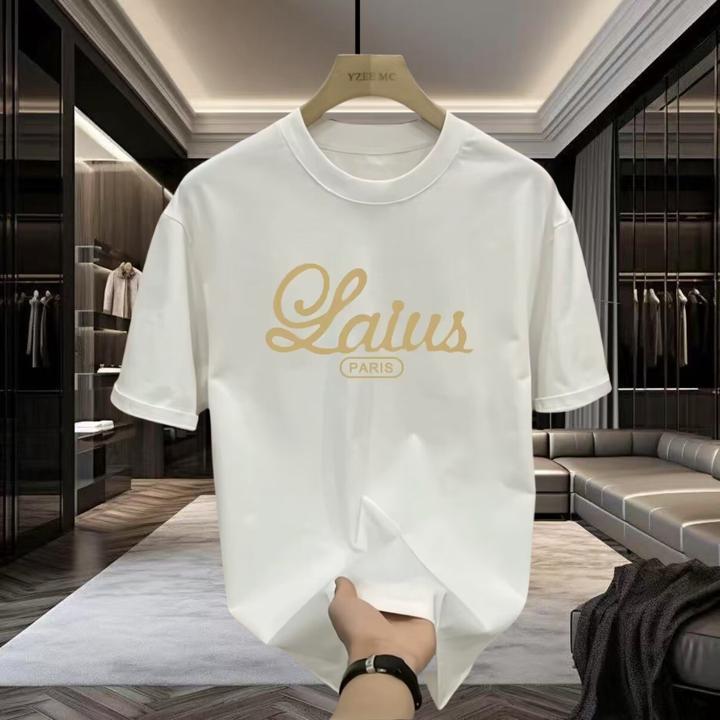 2025夏季新款潮流宽松百搭圆领字母印花图案白色短袖T恤男士ins