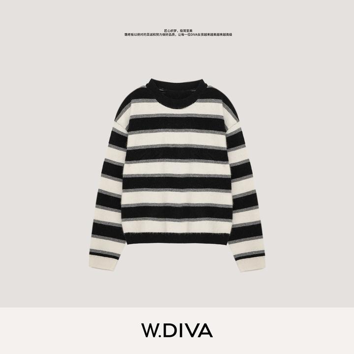 W.Diva【雾山】复古松弛黑白撞色条纹羊毛拉毛长袖毛衣DWZWSL0180