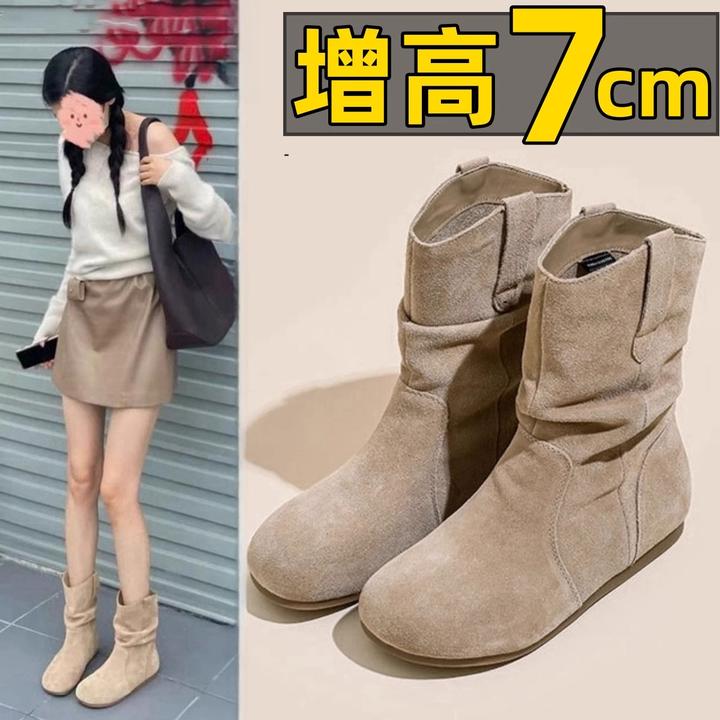 小个子内增高7cm秋季靴子女网红复古慵懒风堆堆靴潮超火平底短靴