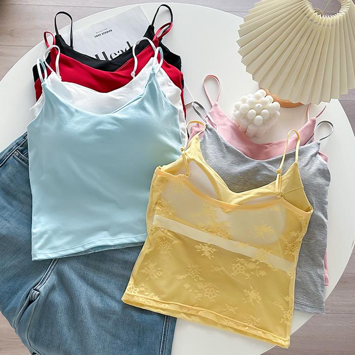 夏季法式后背拼蕾丝自带杯垫吊带背心女内搭纯欲气质显瘦百搭通勤