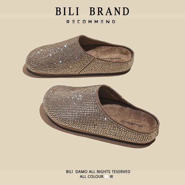 欧洲站厚底包头半拖鞋女2025春季新款平底水钻一脚蹬无后跟勃肯鞋