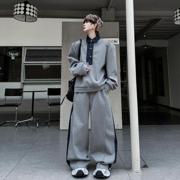 秋季复古高街撞色垫肩翻领卫衣套装男一套搭配休闲阔腿长裤两件套