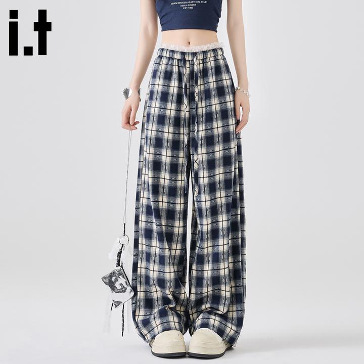 it :CHOCOOLATE格子休闲裤女秋季2025新款慵懒宽松直筒遛弯阔腿裤