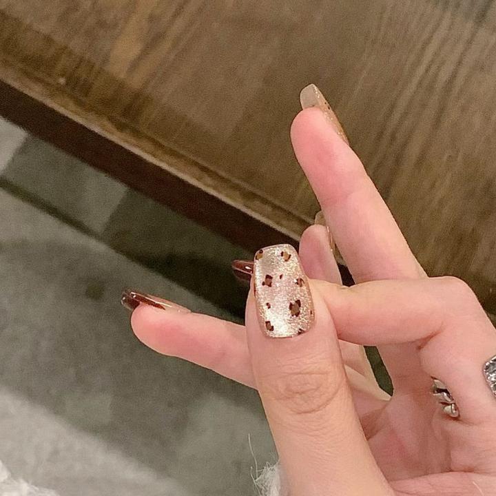新款美甲猫眼豹纹琥珀法式显白纯手工穿戴甲辣妹小红书爆款中长款