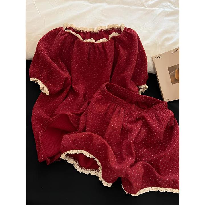 甜美红色碎花短袖睡衣女夏季2025新款喜庆本命年少女短裤花边套装