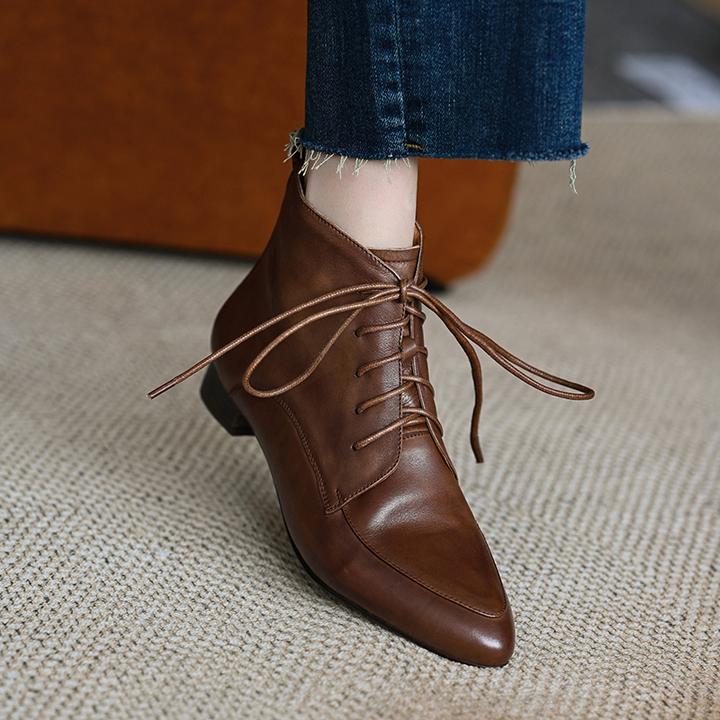 断码清仓牛皮法式系带尖头小短靴女2025秋冬新款百搭低跟加绒女靴