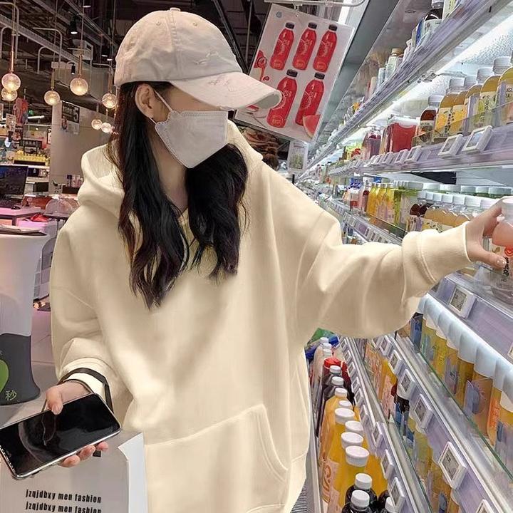 杏色连帽卫衣外套女2025春秋韩系宽松大码加绒加厚新款慵懒风上衣