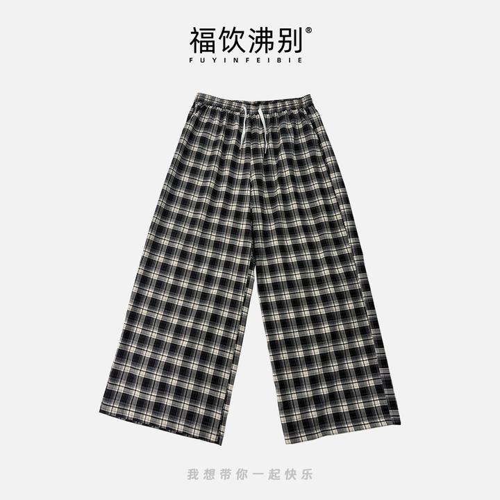 福饮沸别【双格逸白】大码胖mm显瘦秋款百搭格子休闲裤-2472
