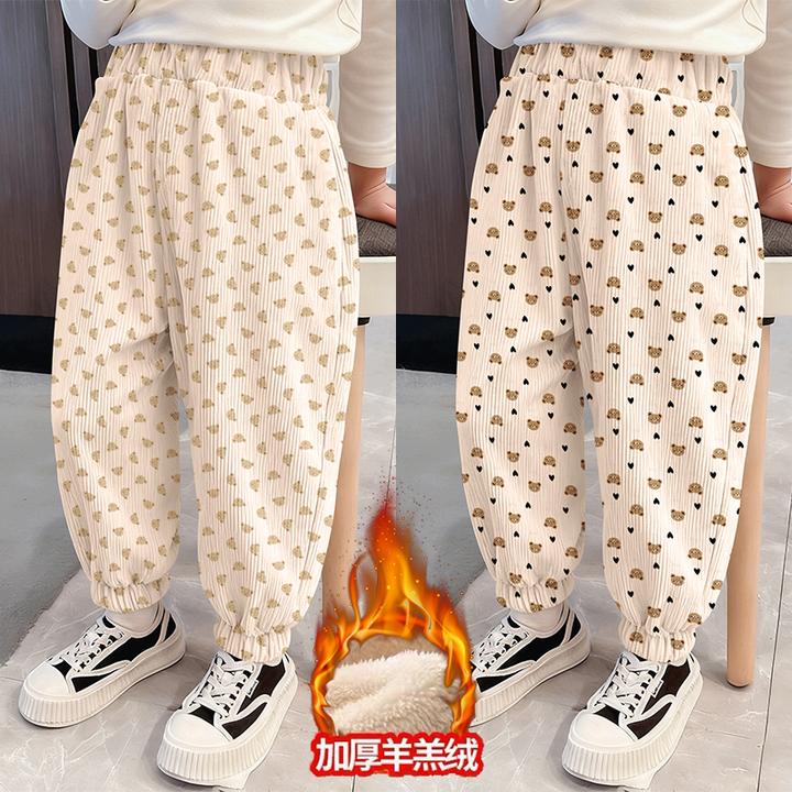 冬季加绒加厚保暖灯芯绒束脚裤新款印花儿童中小童卡通百搭长裤