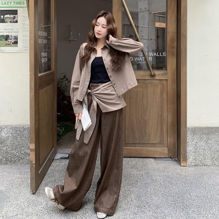 2025秋冬韩系慵懒风休闲显瘦两件套咖色针织格纹长袖衬衫套装女