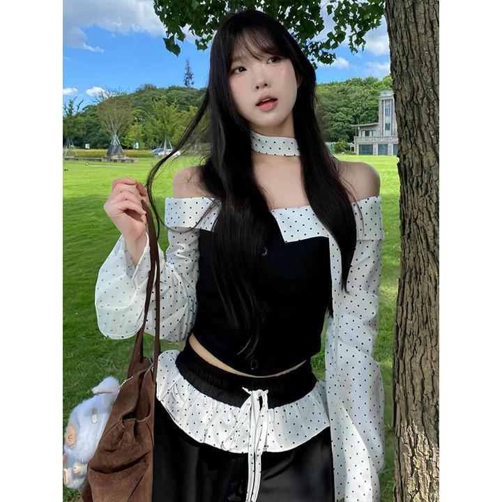 学院风韩系波点撞色拼接一字肩上衣女秋季高腰阔腿长裤两件套装潮