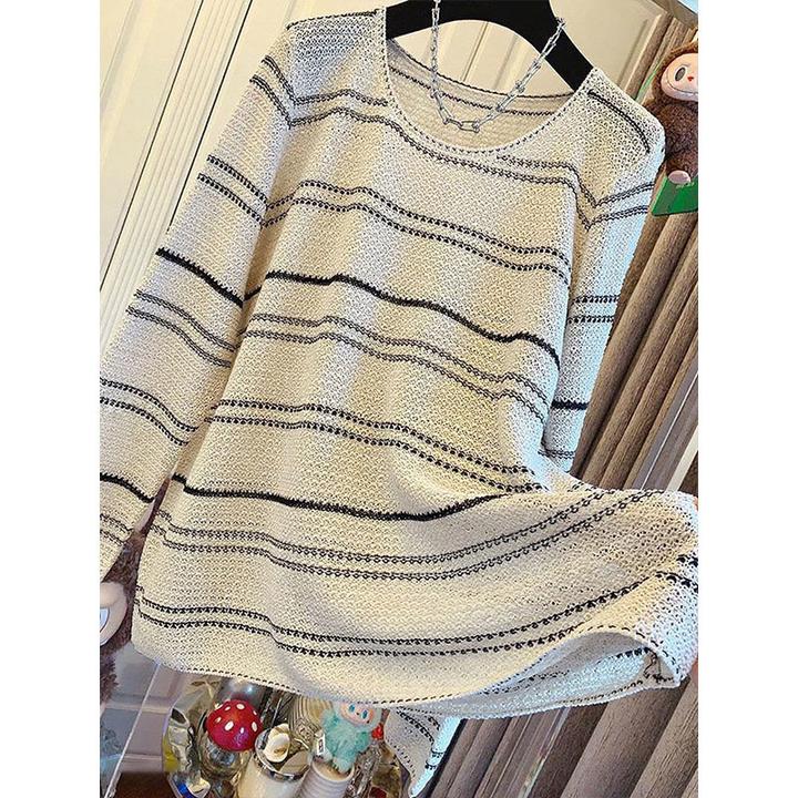 高级感气质圆领镂空条纹针织衫女早秋慵懒风宽松防晒罩衫T恤上衣