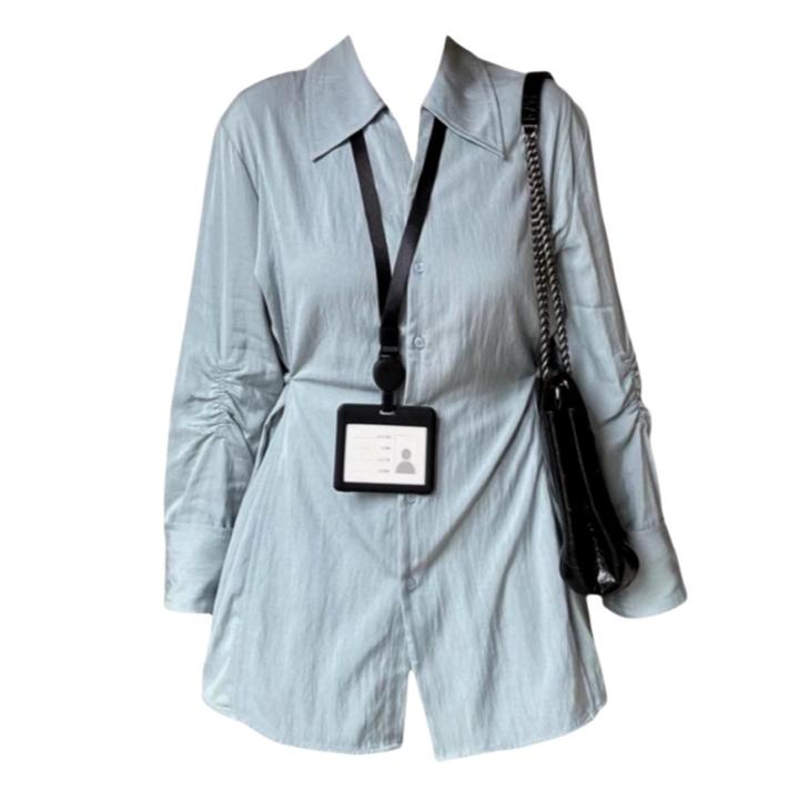 欧若风2025年新款四季POLO领衬衫收腰显瘦衬衣微胖中长款排扣上衣