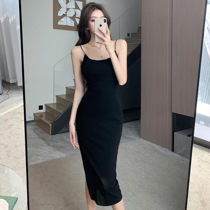 赫本风纯欲辣妹开叉吊带连衣裙收腰紧身性感中长裙包臀裙
