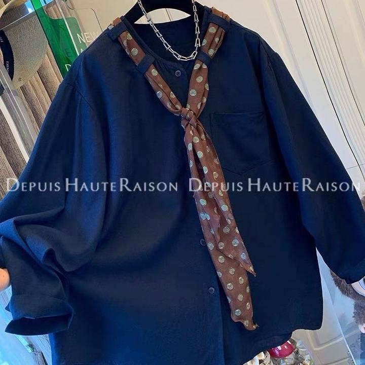 特大码300斤波点丝巾长袖衬衫春秋男女oversize宽松休闲新款衬衣