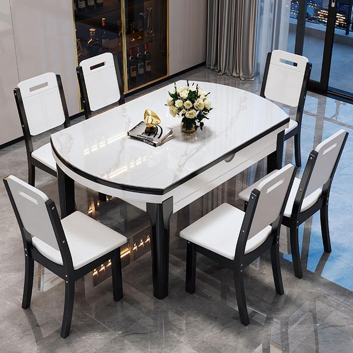 岩板餐桌实木轻奢现代简约家用小户型伸缩折叠电磁炉组合餐桌椅子